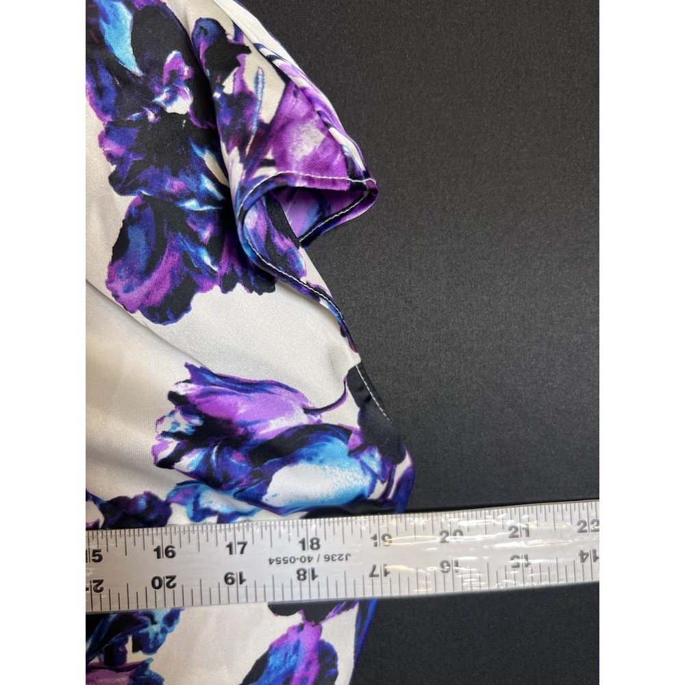 Worthington White Purple Blue Floral Blouse L Cap Sleeve Zip Back Tie - Picture 2 of 6